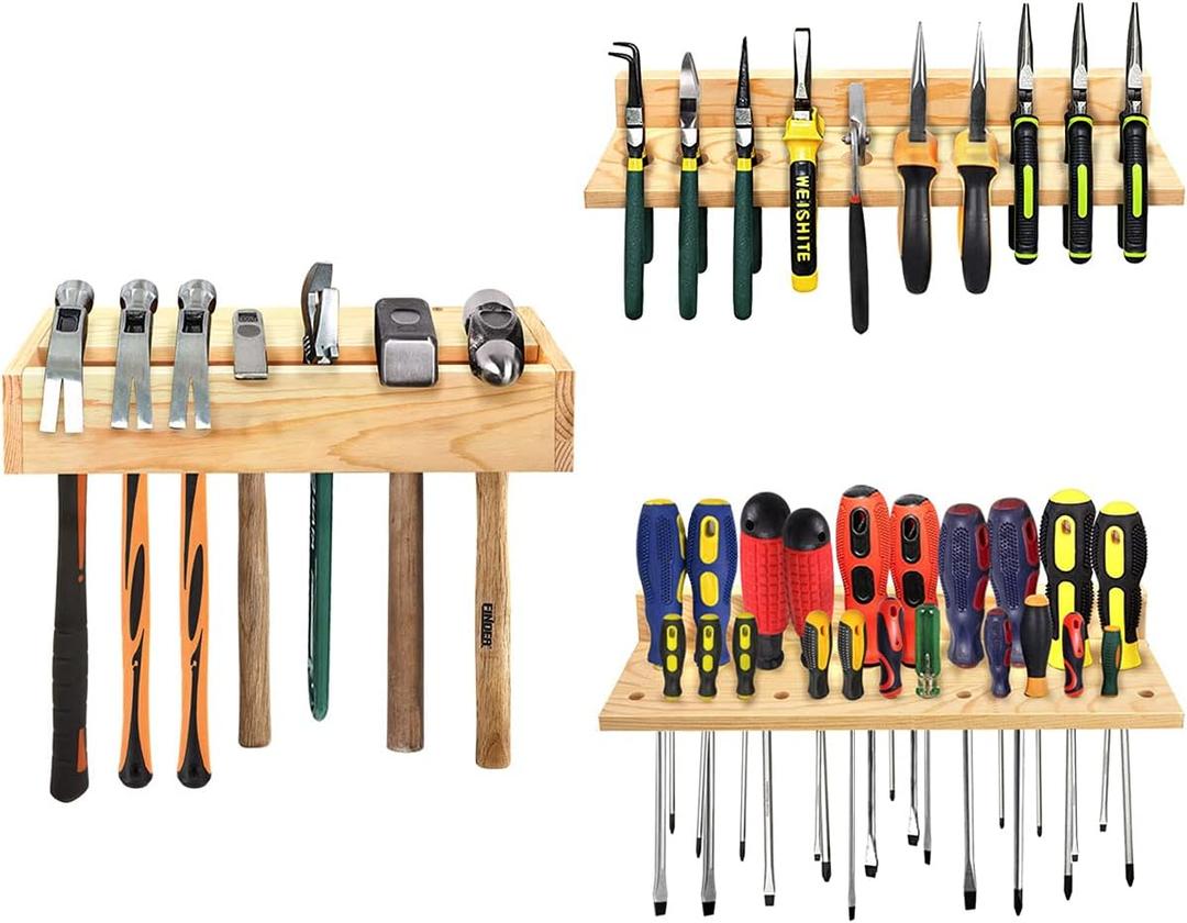 Stepstall 3 Pack Tool Organizers and Storage, Wooden Screwdriver Organizer Wall Mount, Pliers Rack Hammer Screwdriver Holder Tool Rack for Garage Shed Workshop