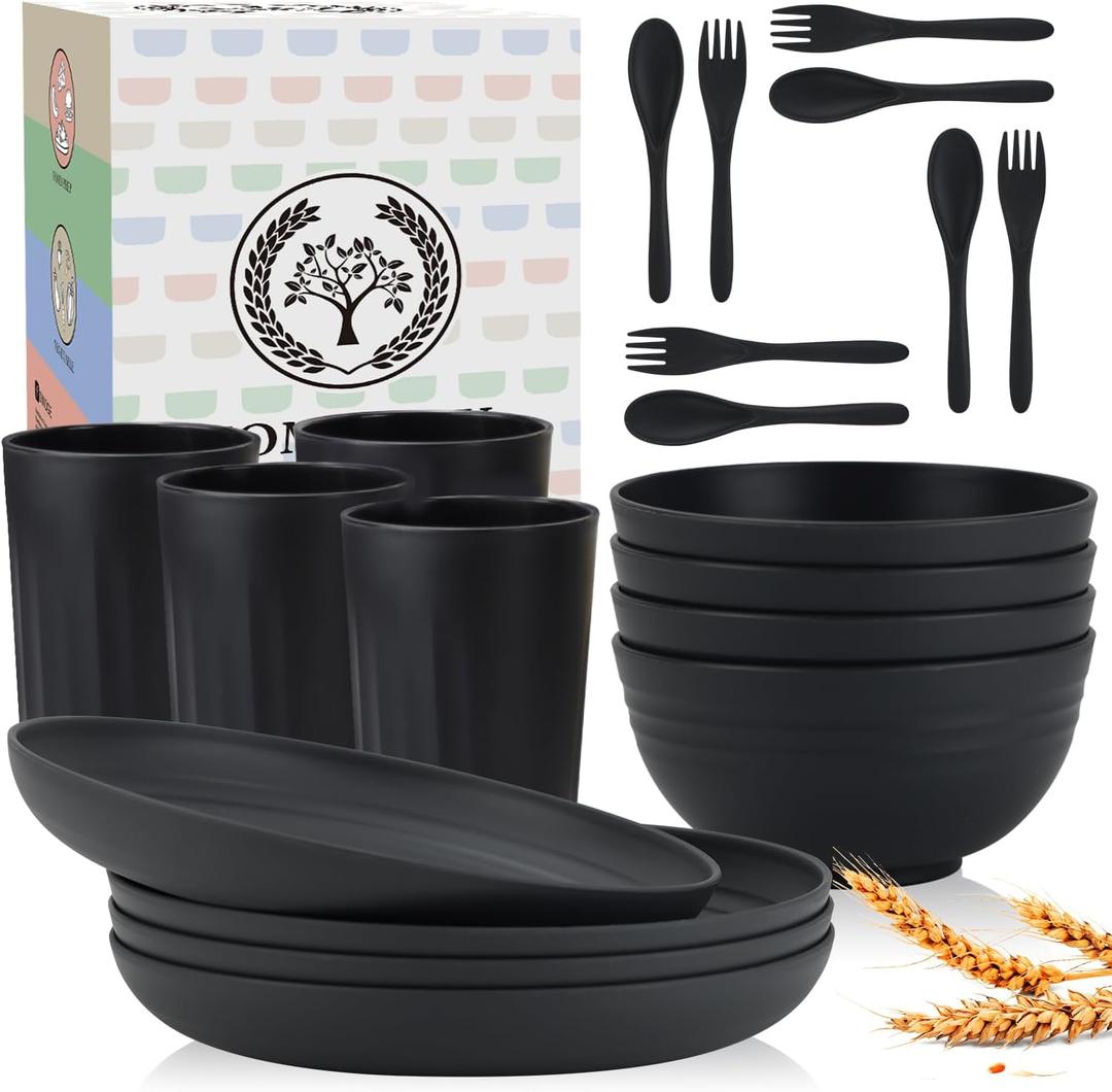 Homienly Wheat Straw Dinnerware Sets, Homienly 20pcs Unbreakable Microwave Dishwasher Safe Tableware Lightweight Bowls, Cups, Plates Set Reusable Dinner Plates Bowls set (Matte Black)