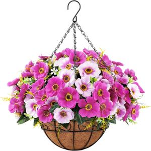 Ouddy Decor Artificial Hanging Flowers with Basket, Fake Silk Hanging Flowers in Coconut Lining Basket Faux Hanging Plants for Outdoor Indoor Spring Garden Porch Patio Balcony Home Decor, Fuchsia