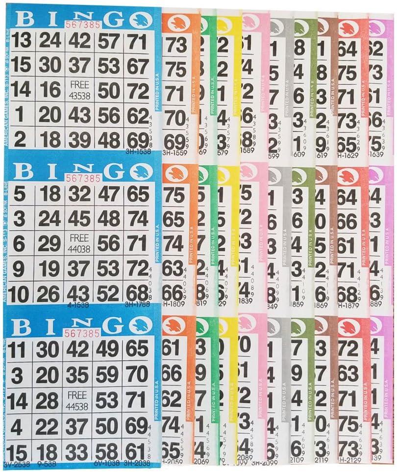 Bingo Paper Game Cards  3 Card  10 Bingo Sheets  100 Books  10 Colors, Made in USA
