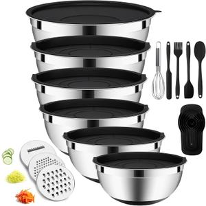 20-Piece Mixing Bowls Set with Airtight Lids 6 Stainless Steel Kitchen Bowls (4.5QT, 4QT, 3.5QT, 2.1QT, 1.5QT, 1.1QT), 3 Grater Attachments, Non-Slip Silicone Bottoms, Perfect for Baking & Serving