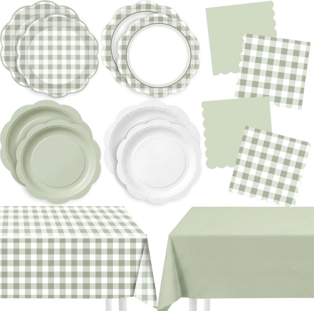LemonRoad 100 Pcs Sage Green Gingham Paper Plates Napkins Plastic Tablecloth Set for 24, Green White Disposable Dinner Dessert Scalloped Plates for Baby Shower Picnic Birthday Party Supply Decoration