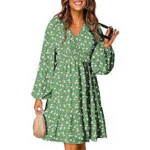 Dokotoo Fall Dresses for Women 2025 Boho Floral V Neck Long Sleeve Smocked Elastic Waist Casual A-Line Mini Dress Sundress M