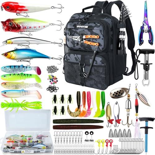 BOGTIM Fishing Backpack with Tackle Boxes & Lures Kit Lightweight 25L Tackle Bag with Fishing Gear and Rod Holder, Fish Gifts for Men Woman-Camo Backpack