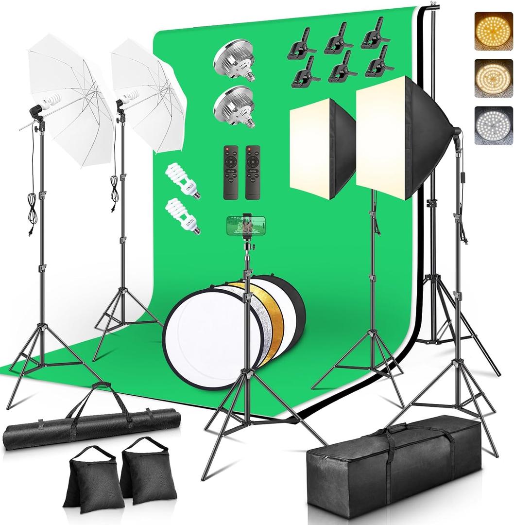 Photography Lighting Kit with 8.5x10ft Backdrops, LED Bulbs, Softboxes & Umbrellas - Complete Studio Setup for Video & Photo Shoots
