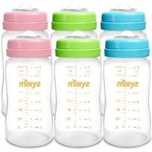 Matyz 6-Pack Breast Milk Storage Bottles (6 Ounce, 3 Colors) - Wide Neck Breastmilk Collection and Storage Bottle - Formula Storage Bottles Compatible with Medela Avent Spectra Pumps