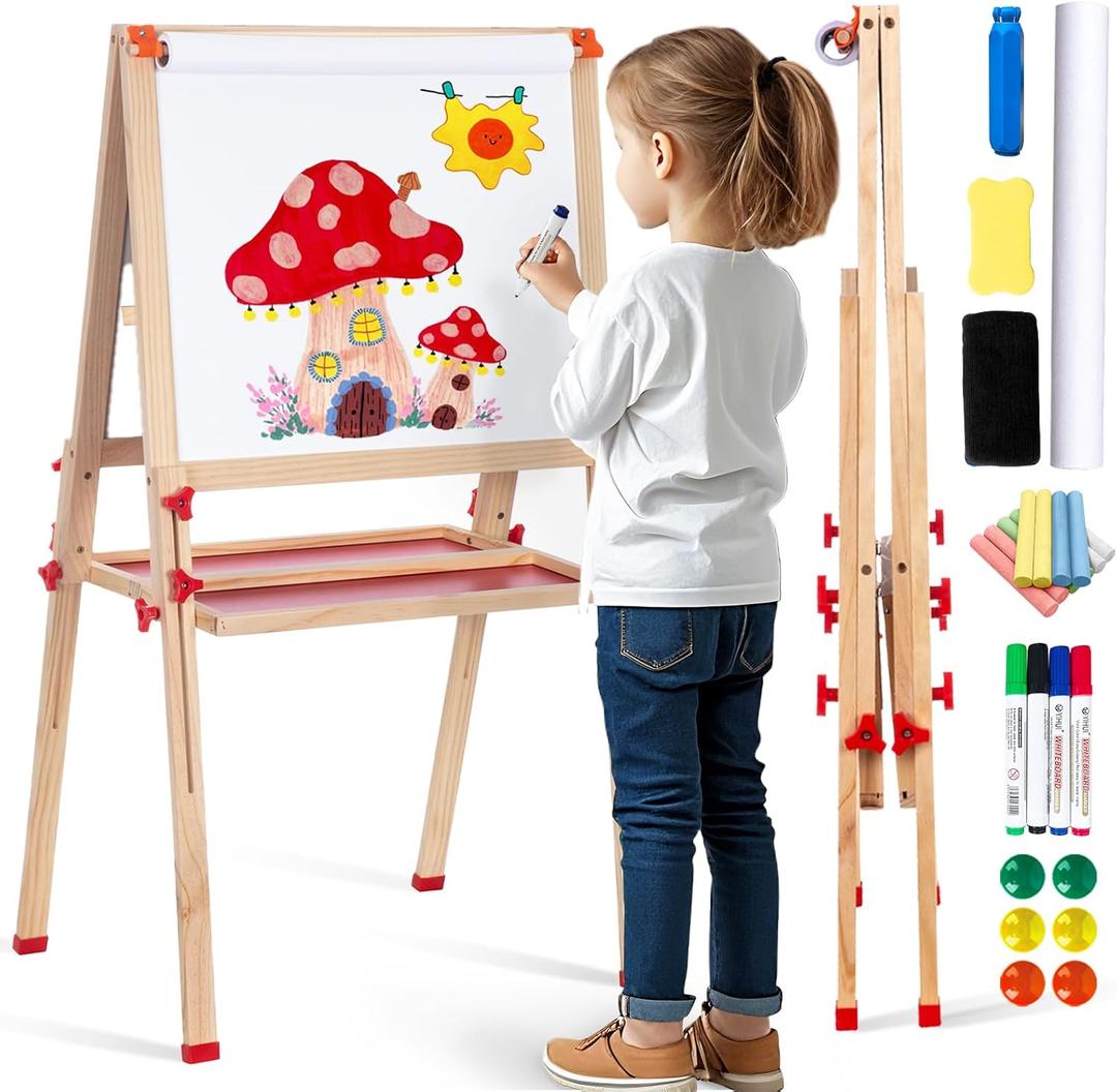 Wooden Adjustable Easel for Kids, Quick-Fold Kids Easel with Paper Roll&Accessories, Double Sided Painting Easels for Toddlers 3,4,5,6,7,8,9,10 Years, Perfect Painting Gifts&Supplies for Boys&Girls (Red)