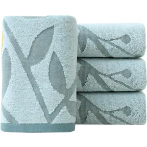 Pidada Hand Towels Set of 4 Floral Pattern 100% Cotton Absorbent Soft Decorative Towel for Bathroom 13.4 x 29.1 inch (Aqua Blue)