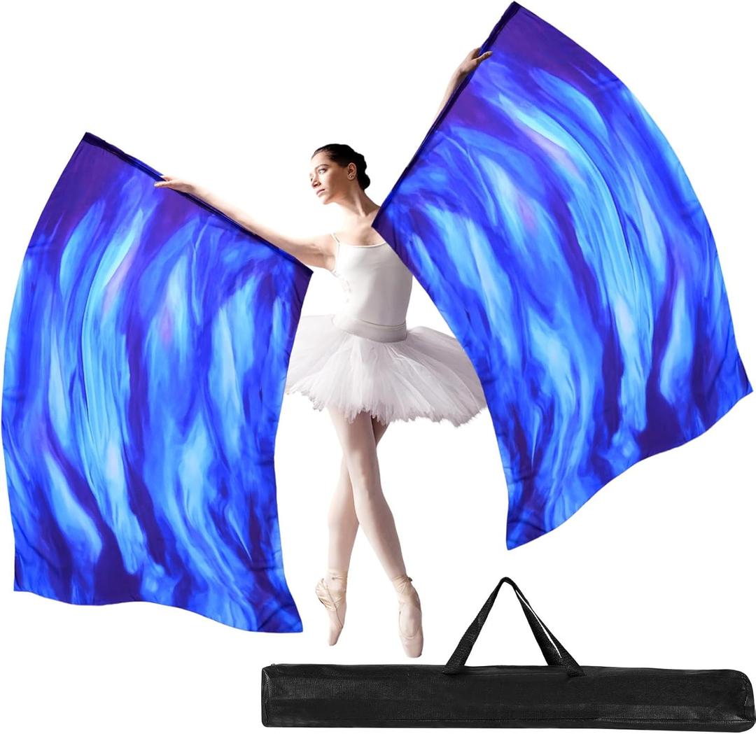 Remagr 2 Pcs 63"x43.3" XXXL Praise Dance Worship Flags with Scalable Rod Semicircle Angel Wing Flag Church Praise Flags for Worship Dance Banner Outdoor Practice Performance(Purple, Cyan, Blue)