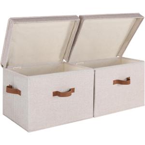 StorageWorks Fabric Storage Bins with lid, Decorative Boxes for Shelves, Closet Organizer Basket with Handles, Jumbo, Brown and Beige, 2-Pack