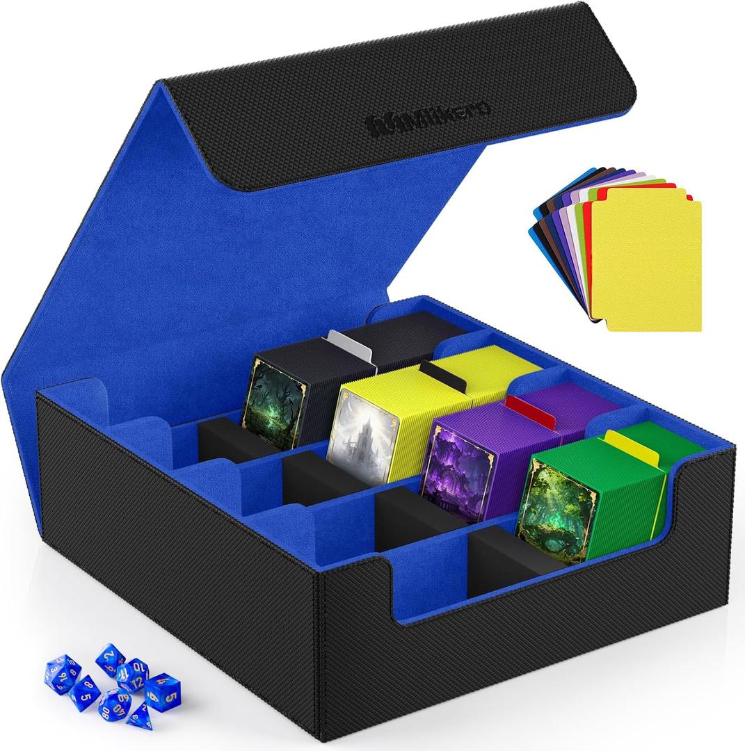 Mlikero Card Deck Case, 2400+ Trading Card Storage Box with 10 Colorful Dividers and 4 Foam Stoppers, Leather Magnetic Closure Commander Deck Box Fit for MTG, TCG (4 Rows, Black&Blue)