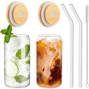 Drinking Glasses with Bamboo Lids and Glass Straw 2PCS Set, 16oz Glass Cups with Lids and Straws, Beer, Iced Coffee Glasses, Soda, Gift 1 Cleaning Brushes