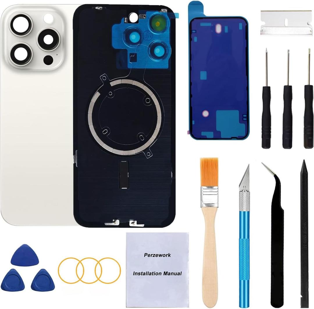 Rear Back Glass Replacement for iPhone 15 Pro Max 6.7-inches + Pre-Installed Plate and Camera Frame and Lens + Reparing Tool Kit (White Titanium)