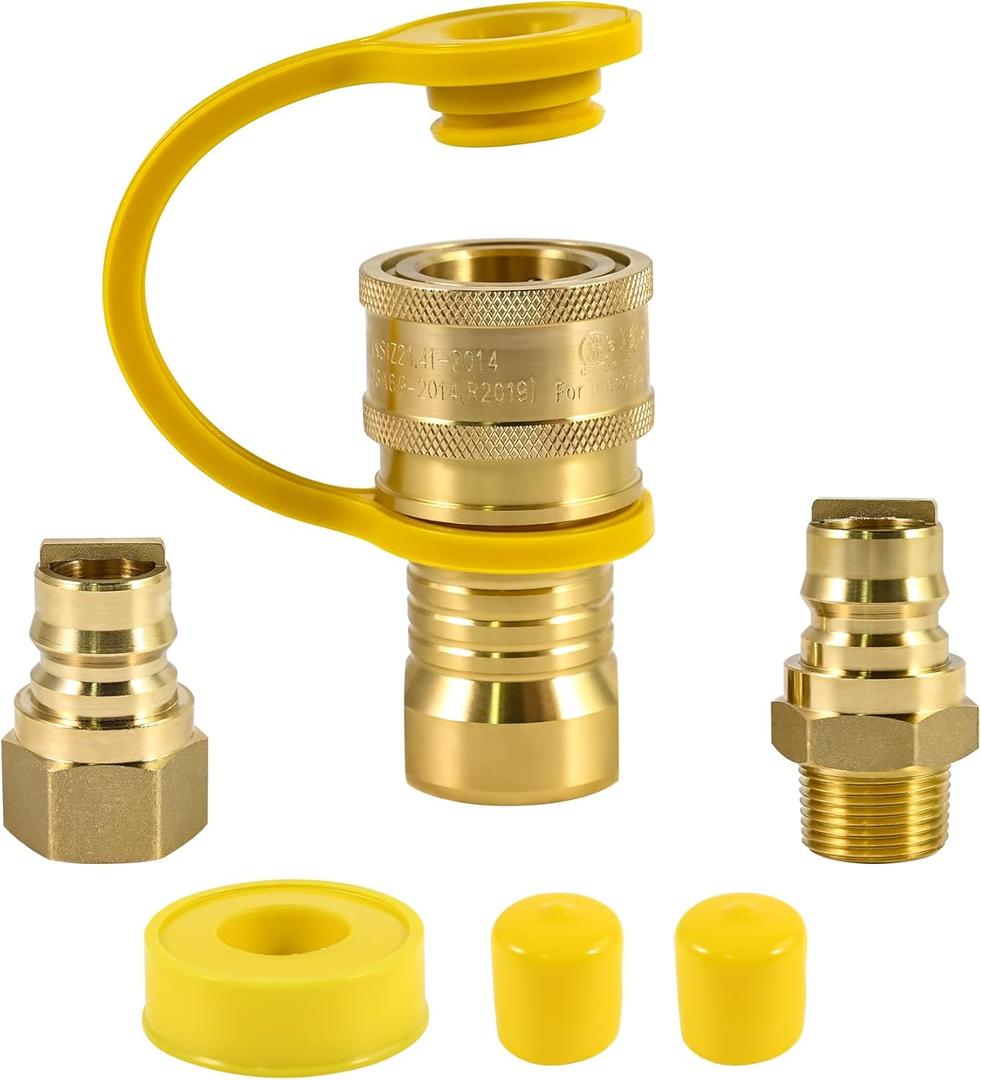3/4" Male and Female Natural Gas Quick Connect Plug Fittings, Heavy Solid Brass Quick Connect Fittings Convert for Pipe Natural Gas Supply for Generators, Gas Grills, Fire Pits, RV (Yellow 3 PCS)