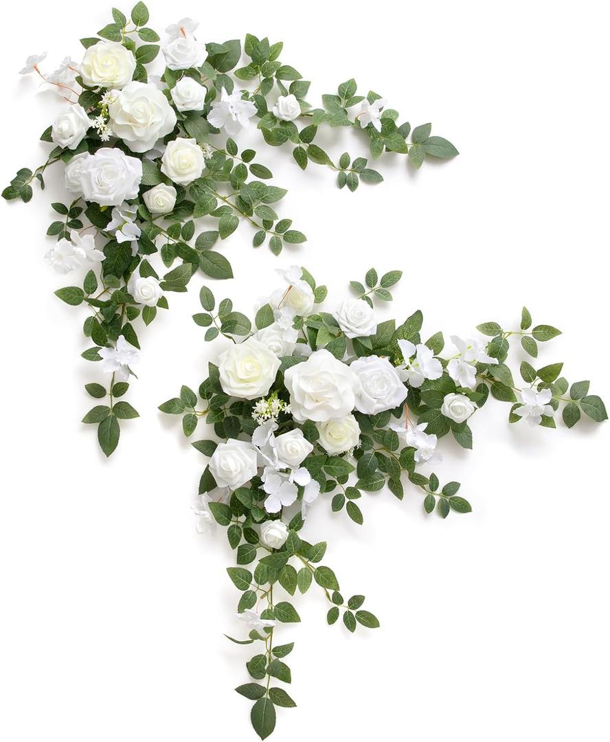 Ling's moment 2PCS Artificial Floral Swags Centerpieces Wedding Arch Flowers White Rose Garland Greenery Arrangements for Sweetheart/Head Table Easel Wall Entryway Board Backdrop Decor Wht-sage