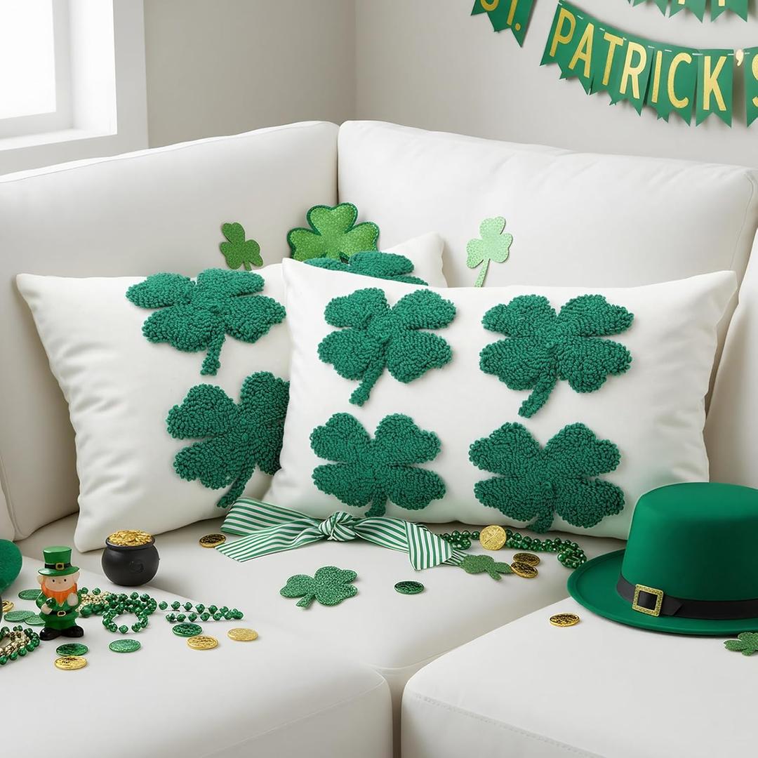Mixweer 2 Pcs St. Patrick's Day Plush Pillow Covers 12 x 20 Inch Irish Clover Throw Pillowcases White Green Sequin Cushion Covers Home Decor for Couch Sofa Bed Farmhouse Decorative