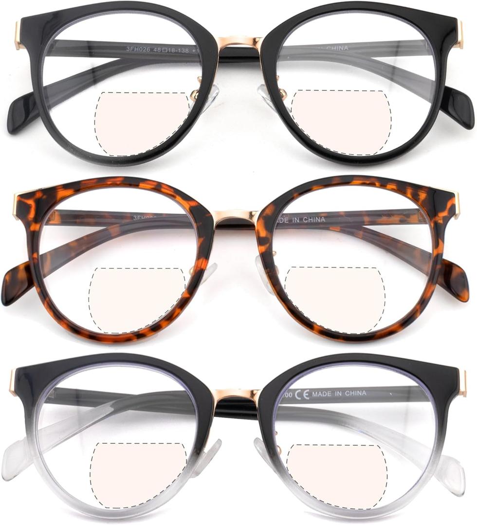 3 Pack Bifocal Reading Glasses for Women Men Clear Top Rectangle Multifocal Readers Blue Light Bi-focal Eyeglasses (Multicolor, +1.75)