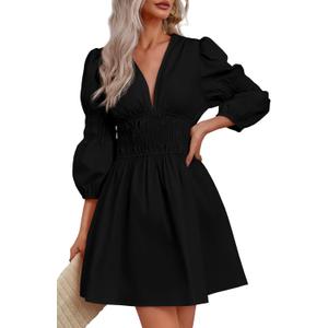 Fisoew Women's Deep V Neck Mini Dress Casual Puff Long Sleeve Smocked Waist Short Dresses L