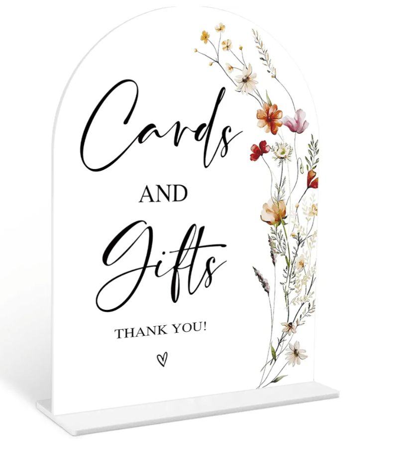 Boho Floral Cards and Gifts Sign, 6 x 8 Inch White Arch Acrylic Wedding Sign with Holder, Wedding Sign for Ceremony and Reception, Wedding Decoration, Wedding Supplies - BX01