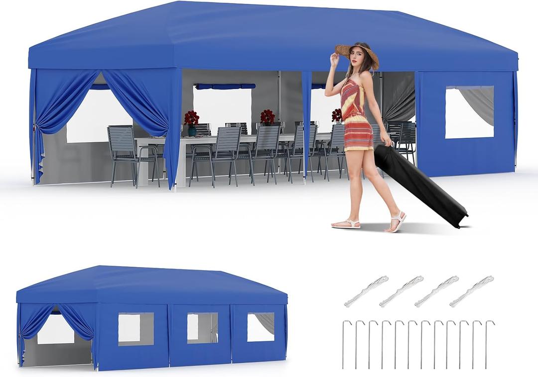 GarveeLife 10x30 Pop Up Canopy with 8 SideWalls - Heavy Duty Outdoor Canopy Tent with Portable Roller Bag - 3 Adjustable Height, 4 Weight Bags, 8 Stakes & 6 Guy Ropes Included-Blue