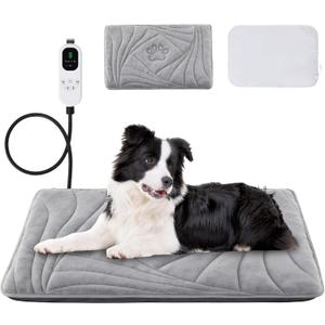 Large Dog Heating Pad with Washable Cover, Soft Plush Pet Heating Pad with 9 Adjustable Temperature, Timer, Chew-Resistant Cord, Waterproof Electric Heated Pet Bed Mat for Dogs and Multi-Cats (L: 35'' x 24'', Grey)