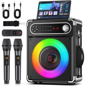 JYX Karaoke Machine, 2 Wireless Microphones, Portable Bluetooth 5.3 PA Speaker with Disco Lights, Smart TV Compatible, Upgraded Subwoofer, Bass Boost & Echo, TF/USB/AUX/FM, Home & Outdoor Party
