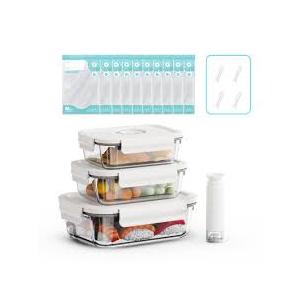 Domsanistor Vacuum Seal Glass Food Storage Containers, 3pcs Containers with 10pcs Sous Vide Bags/ 1pc Manual Pump, Meal Prep Container with Airtight Locking Lids for Lunch, LongLasting Freshness
