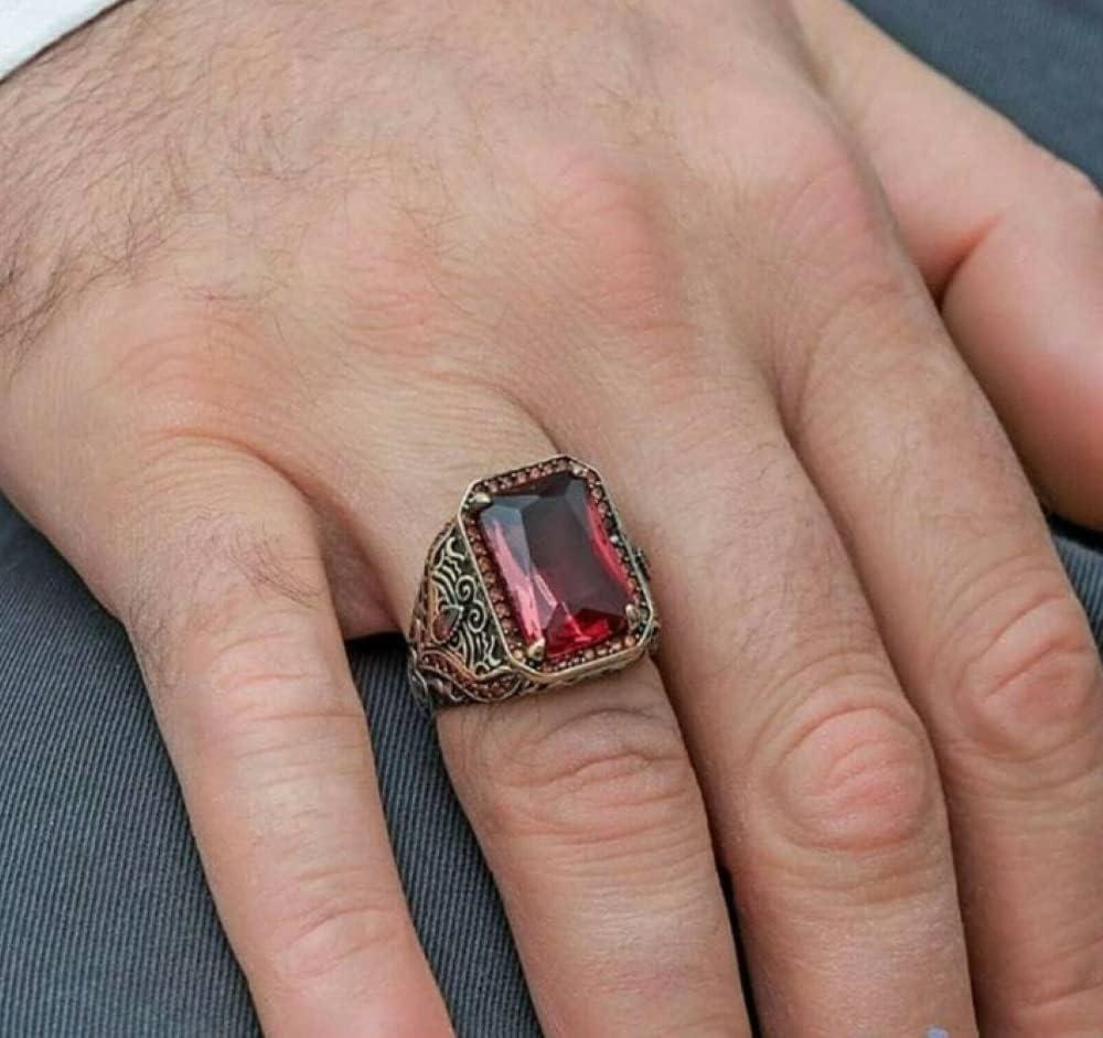 LRGKMCWTOB S925 Sterling Silver Square Zircon Ring Red Gem Handmade Men's Retro Texture Inlaid Red Zircon Men's Ring Sterling Silver Red Zircon Ring Punk Silver Carving Ring (Size 10