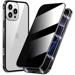 Magnetic Privacy Case for iPhone 16 Pro Max, Anti peep Magnetic Adsorption Double Side Tempered Glass Full Body Case Privacy Screen Protector Metal Titanium Frame Clear Back Phone Case Cover Black
