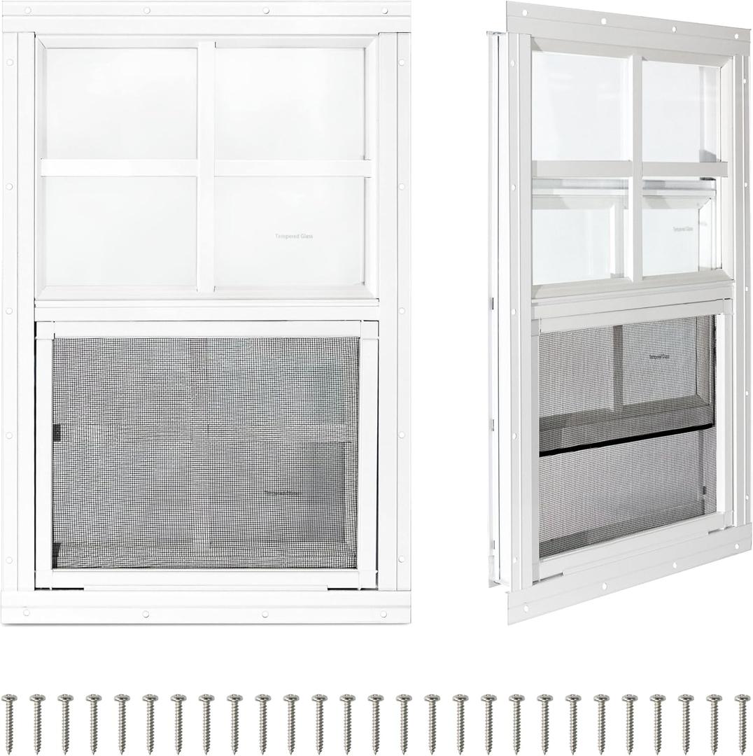 COLORPAPA 2 Pack Shed Windows, 16" x 16" Small Sliding Windows, Flush Mount Windows with Tempered Glass and Fiberglass Screen for Shed, Chicken Coop, Playhouse, Household, Garage, Barns (White)