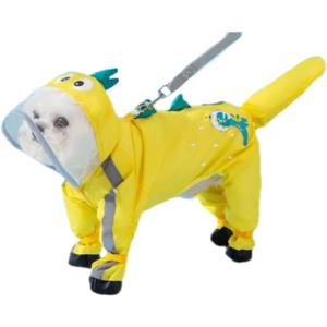 Waterproof Dog Raincoat, Full Coverage 4 Legs Dog Rain Jacket for Small Dogs, Pet Rain Coat with Hood, Reflective Strips&Leash Hole Outdoor Raincoat (Large, for Weight 8.8-11 lb, Yellow Dinosaur)