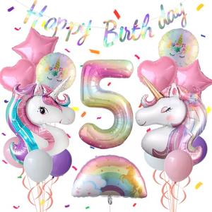 Unicorn 5th Birthday Party Decorations for Girl Purple Pink Theme Balloon Set, Large Rainbow Unicorn Helium Balloons with Heart and Star Baby Shower Kids Supplies (number 5 set)