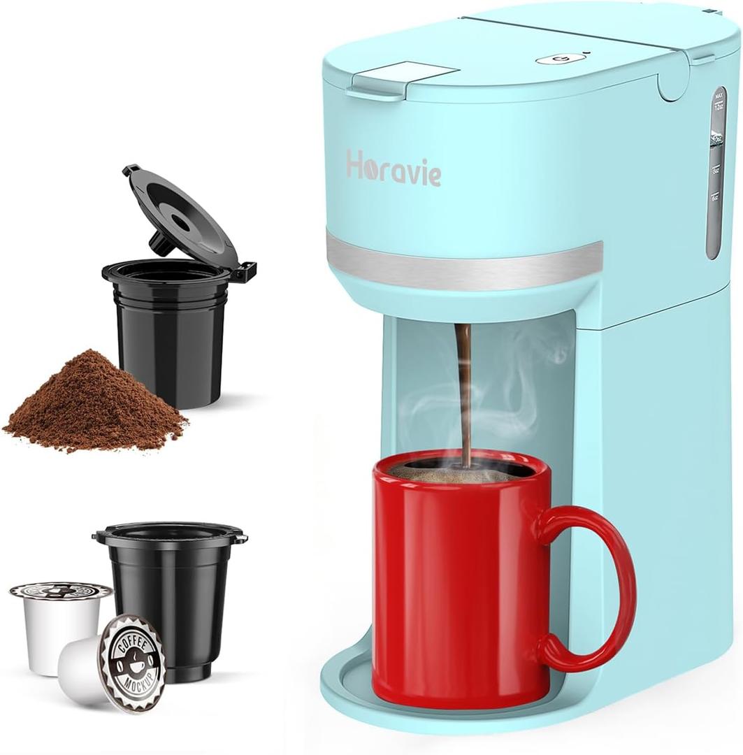 Mini Single Serve Coffee Maker for K Cup and Ground Coffee, Fast Brew One Cup Coffee Machine with Descaling Reminder and Water Window, 6 to 12 oz. Brew Sizes, Light Blue (9.45 Inches)