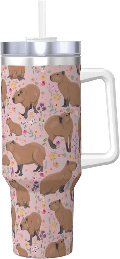 Capybara Gifts Capybara Tumbler Water Bottle Cups for Girls, Teens, Women, Men 40oz Stainless Steel Vacuum Insulated Tumbler with Lid and Straw for Water, Iced Tea or Coffee, Pink