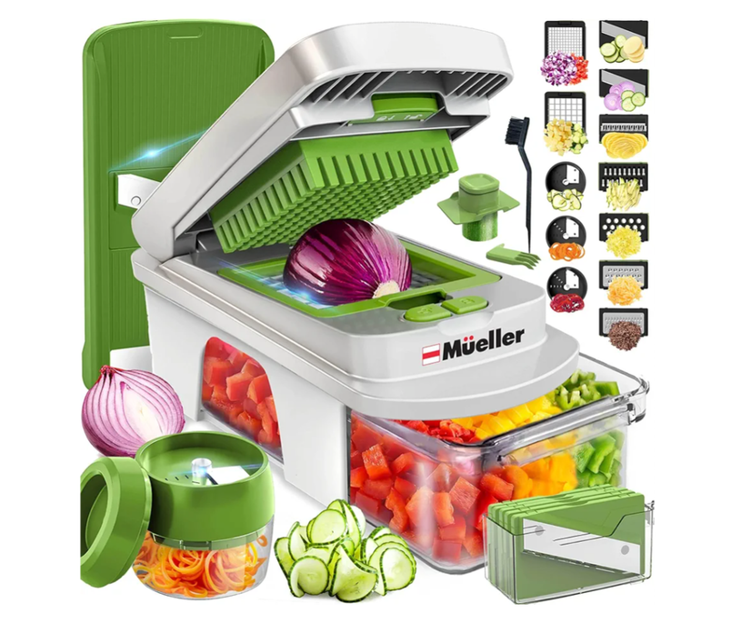 Mueller Pro-Series All-in-One, 8 Blade Mandoline Slicer for Kitchen, Food Chopper, Vegetable Slicer and Spiralizer, Cutter, Dicer, Grater, Kitchen Gadgets Sets with Container, White Sand/Pastel Green
