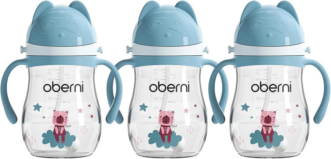 Toddler Sippy Cup, Tritan Baby Water Bottle With Non-Spill Valve Spout, Removable Handle and Carry Strap, 270ml/12m+/Blue/Pack of 3