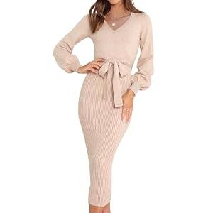 HAEOF Womens 2024 Long Sleeve V Neck Casual Sweater Dress Slim Fit Elegant Knit Fall Winter Midi Dresses(Light Tan, M)