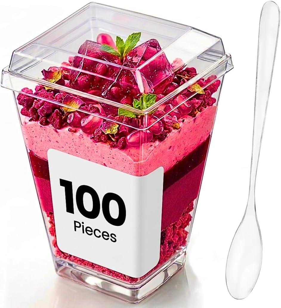 100 pack 5 oz Plastic mini Dessert Cups with Lids and Spoons Parfait Cups with Lids Yogurt and Appetizer dessert shooter cups for Party, Pudding, Ice Cream, Fruit, BPA Free Clear Recyclable.