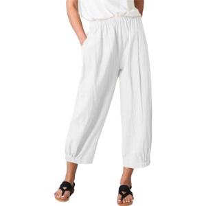 Women's Summer Loose Yoga Pants Wide Leg Elastic Waist Casual Capris Cropped Trousers with Pockets (White, M)