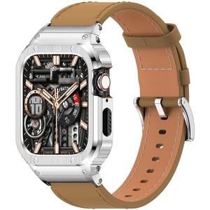 SUPLINK Stainless Steel Case and Band Compatible with Apple Watch Band 38mm 40mm 41mm 42mm 44mm 45mm 46mm 49mm,Leather Strap Metal Case for iWatch Series Ultra 10 9 8 7 6 5 4 3 2 1 SE Men
