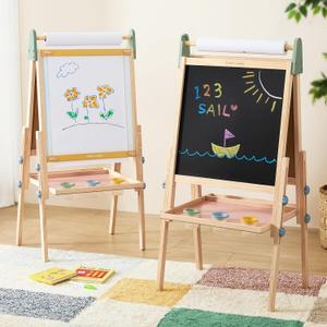Tiny Land Easel for Kids with 2 Drawing Paper Roll, Adjustable Kids Art Easel, Learning-Toy for 3,4,5,6,7,8 Years Old Boy & Girls, Wooden Chalkboard & Magnetic Whiteboard & Painting Paper Pink