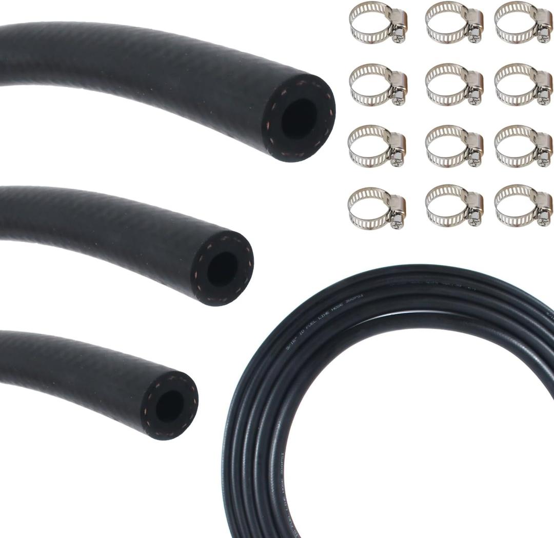 Fuel Line Hose Kit 10FT 3PCS With 30Pcs Clamps,3/8" 5/16" 1/4" ID High Performance 300PSI NBR Rubber for Automotive, Small Engines, ATV, Push Lock Reinforced