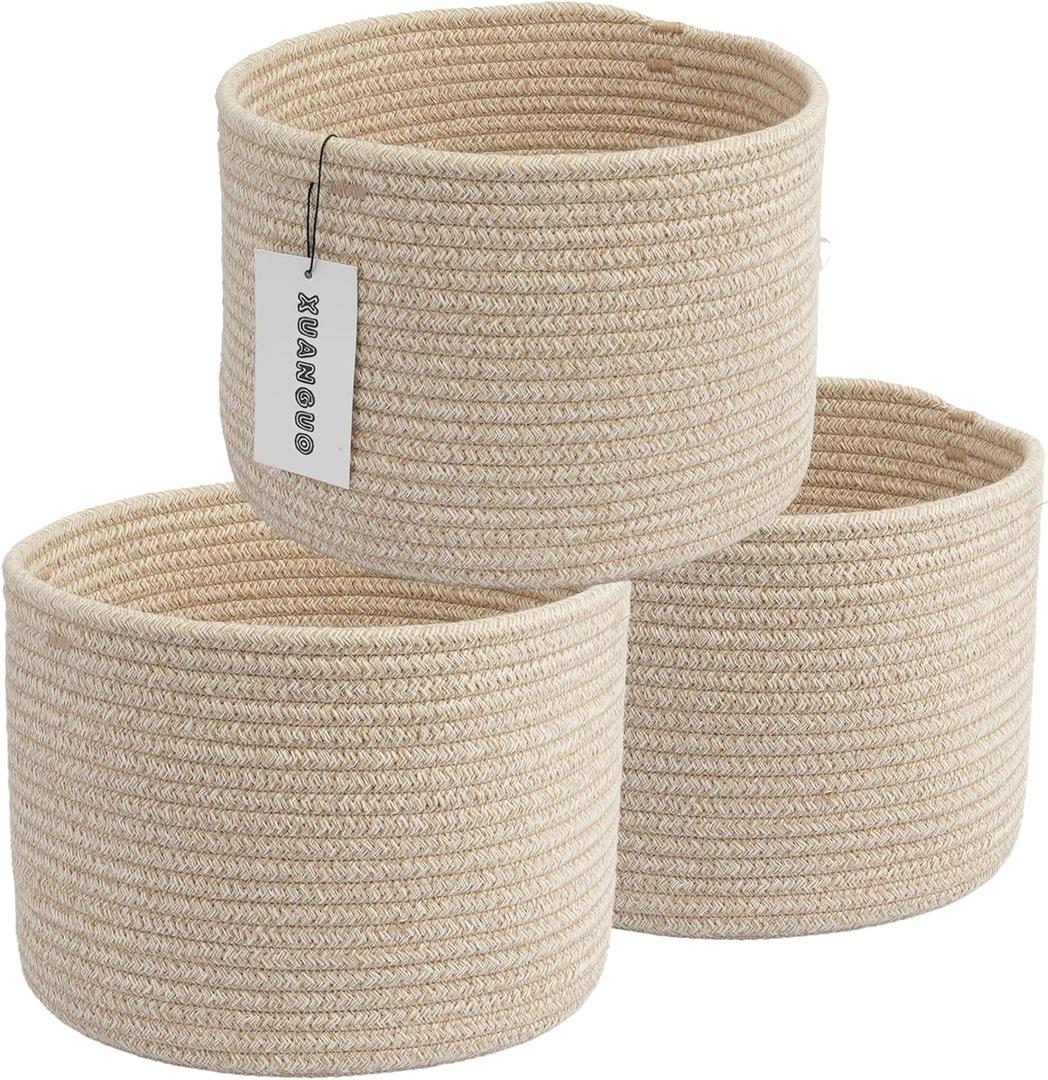 Woven Cotton Storage Baskets - 3-Pack Round Bins (10x10x7'') for Shelves, Closets & Bookcases | Durable Rope Organizers for Nursery, Baby, Toys, Easter & More (Oatmeal)