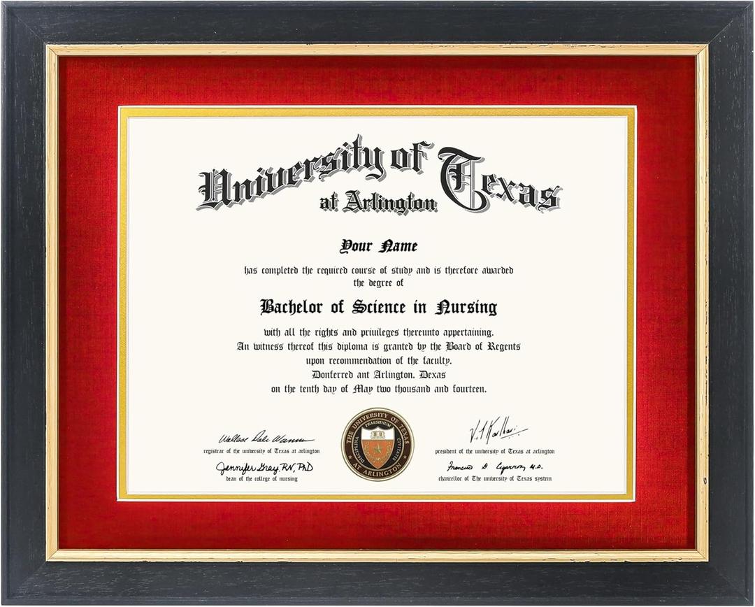 GMFrames 8.5x11 Wood Diploma Frame with Red Mat or Display 11x14 Certificates without Mat, Tempered Glass, Rustic Black Finish with Gold Trim