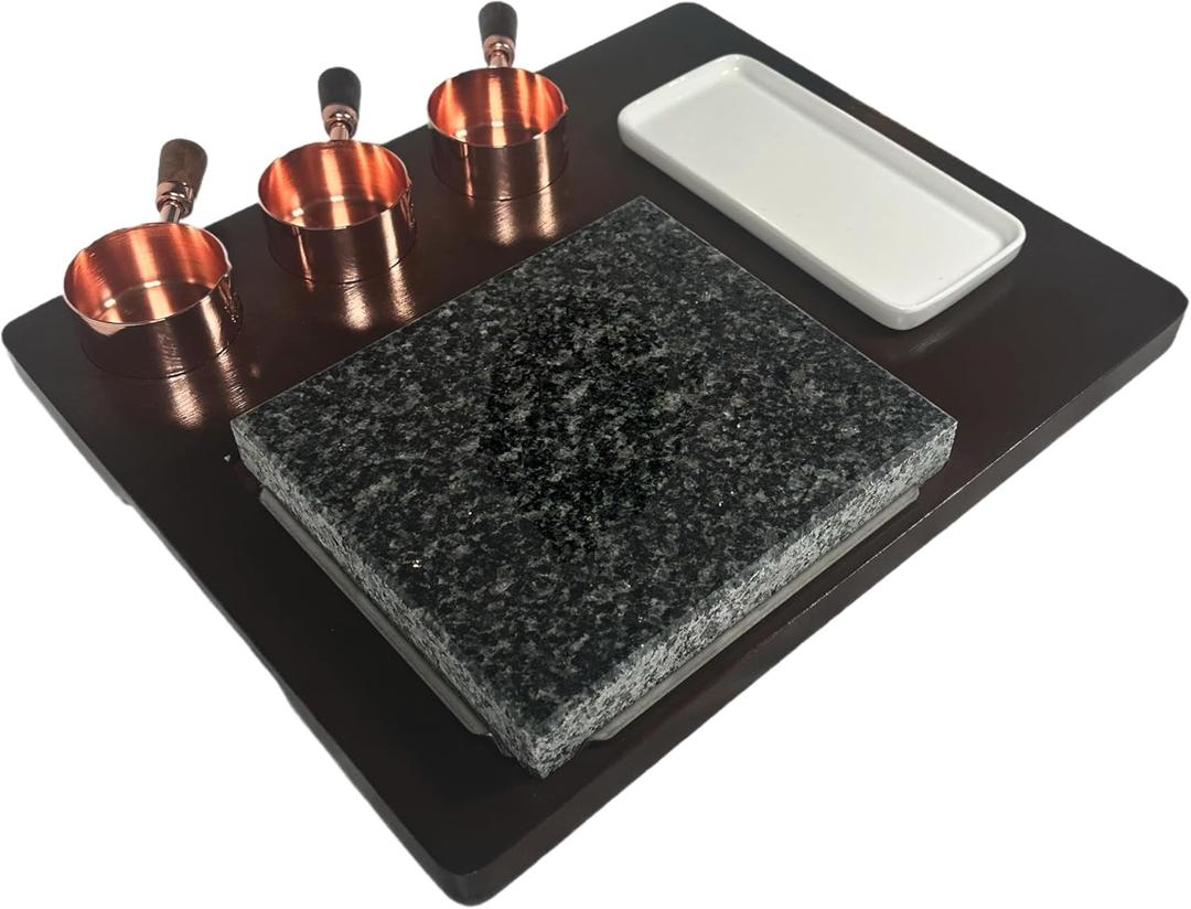 Stained Bamboo Granite Cooking Slab for Steak, Grill Stone Set for BBQ/Meats/Hibachi/Parties, Indoor Cooking