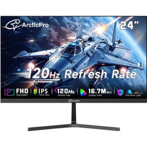 ArcticPro Monitor 24 inch Monitor 120Hz, FHD 1080p, Computer Monitor, IPS, 99% sRGB, 1ms Response Time, 3-Sided Frameless, Ultra Slim, VESA Mountable, Anti-Blue Light Design, HDMI & VGA Ports
