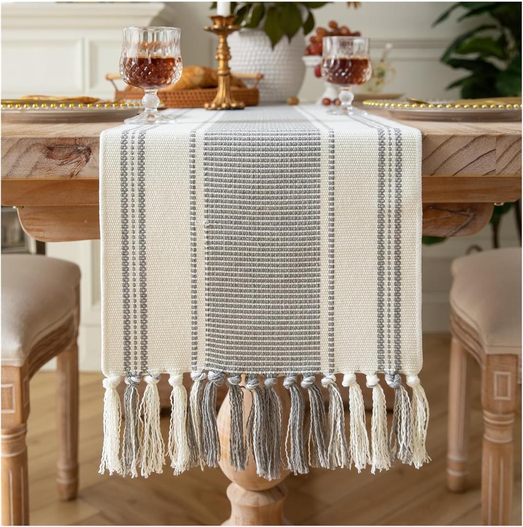 Caflife Boho Table Runner Grey Stripe for Modern Farmhouse Coffee Table Decor, Rustic Woven Runner with Handcrafted Tassels for Home Dining Table dcor 13 x 108 Inch Long