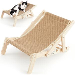 Juexica 21.7 x 15.8 x 13.8 Inch Cat Sisal Chair Adjustable Foldable Cat Hammock Beach Chair with Sisal Scratcher Wooden Kitty Lounger Kitten Elevated Bed for Indoor Nap Lounge Furniture