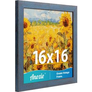 16x16 Frame, Vintage 16 x 16 Picture Frame Plexiglass Glass for Wall Display, Square Rustic 16x16 Photo Picture Frame, Antique Blue Collage Gallery Wall Picture Frames, Widen Border