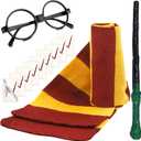 Wizard Costume Accessories Set Novelty Scarf Wizard Wand Glasses with Round Frame No Lenses Tattoos for Kids Birthday Party Cosplay Costume Accessories Halloween Party